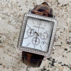Michael Kors Leather, Tortoise and Silver Watch
